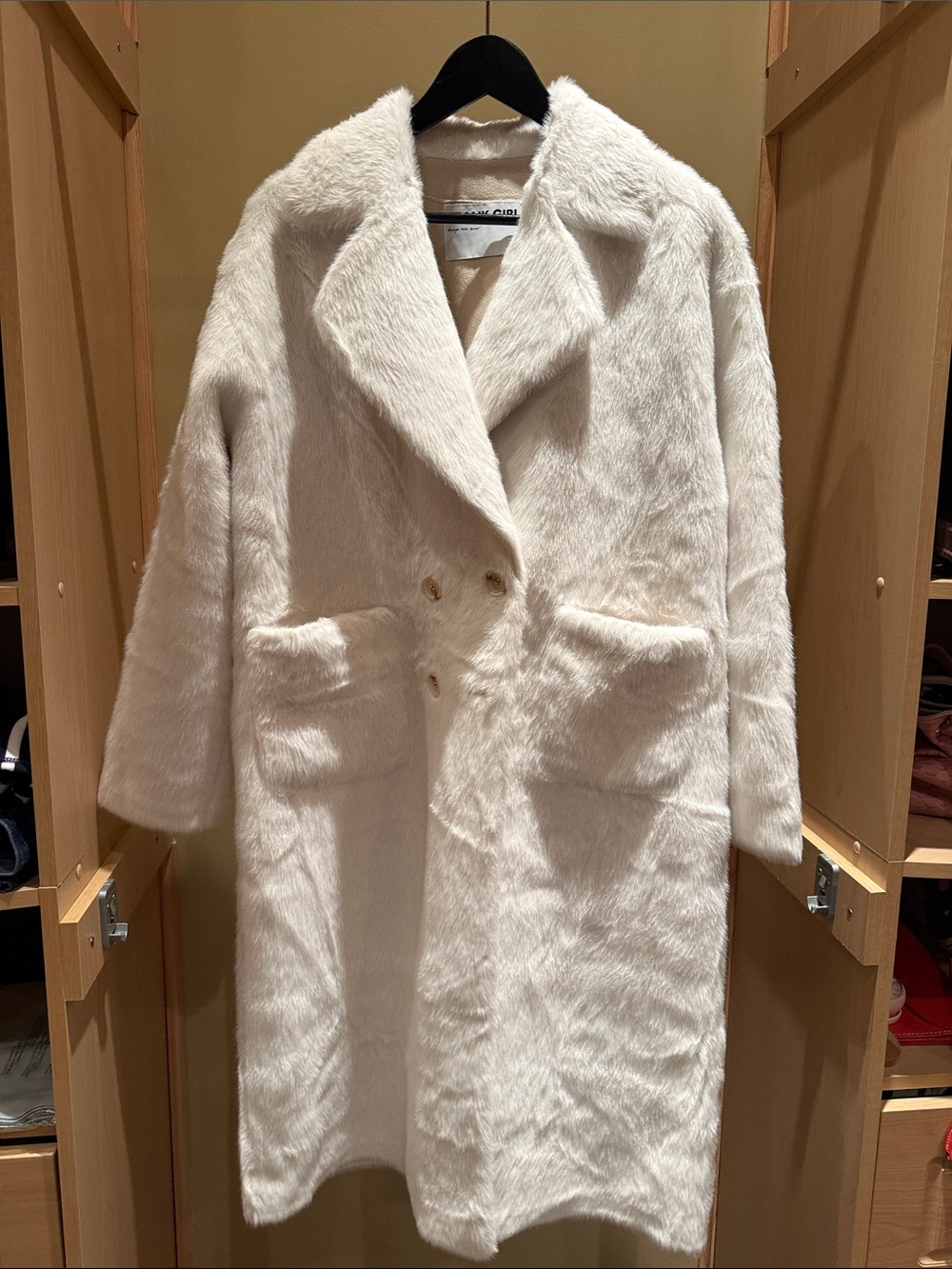 Women's Cream Faux Fur Long Coat with Notch Collar